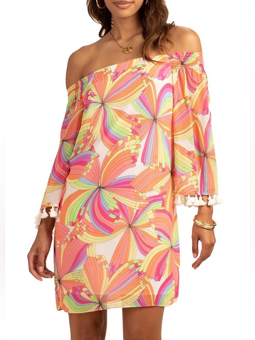 NWT Trina Turk Amaris Off Shoulder Tassel Dress Small Flaw